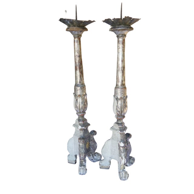 56” Tall Rare Pair of 18th-Century Italian Silvered & Giltwood Ecclesiastical Altar Prickets For Sale - Image 10 of 18