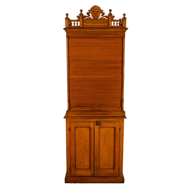 Victorian Antique American Carved Oak Victorian Roll Top Letter File Cabinet Amberg Co, 1883 For Sale - Image 3 of 16