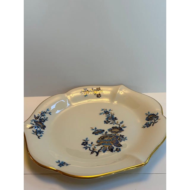 1980s Lenox "Pagoda" Pattern 11 Inches Diameter Cake Platter Scalloped Edges, Floral Design in Ivory and Blue With 24k Gold Trim For Sale - Image 12 of 18