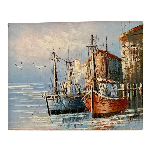Vintage Signed French Boats in Harbor Painting Chairish