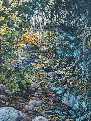 The Exuberance of Nature Revealed by Deb Komitor | Oil on cradle board Stream and foliage scene.
