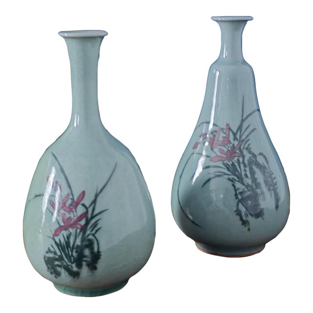 Vintage Asian Hand Painted Celadon Vases For Sale