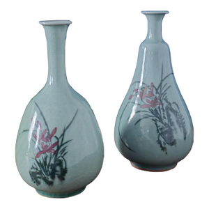 Vintage Asian Hand Painted Celadon Vases