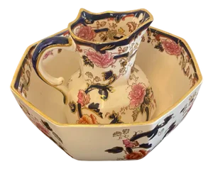 Small Antique Hand Painted Jug and Bowl, 1920, Set of 2