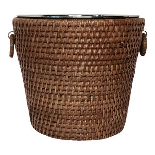 Vintage Wicker Rattan Ice Champagne Wine Bucket With Metal Liner Insert Brown Woven Reed 7" X 8" For Sale