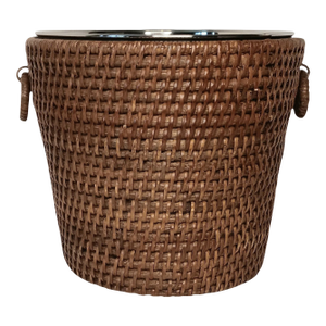Vintage Wicker Rattan Ice Champagne Wine Bucket With Metal Liner Insert Brown Woven Reed 7" X 8"