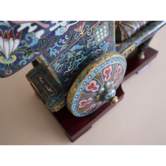 Early 1900s Antique Cloisonné Ox Pulling Cart on Wood Stand For Sale - Image 9 of 9