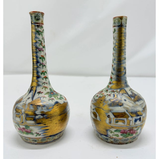Late 19th Century Pair, 19th Century Chinese Clobbered Rose Medallion Bottle Vases For Sale - Image 5 of 8