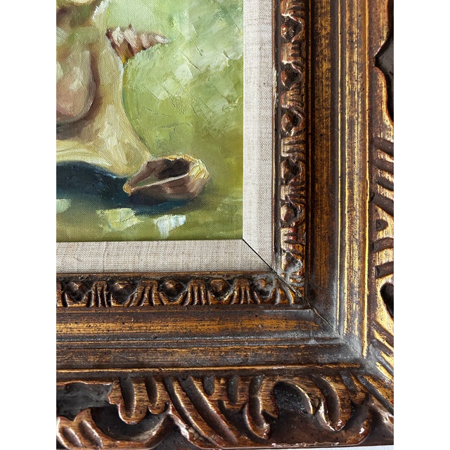 Vintage Still Life Conch Oil Painting in Hand Made Frame For Sale - Image 4 of 11