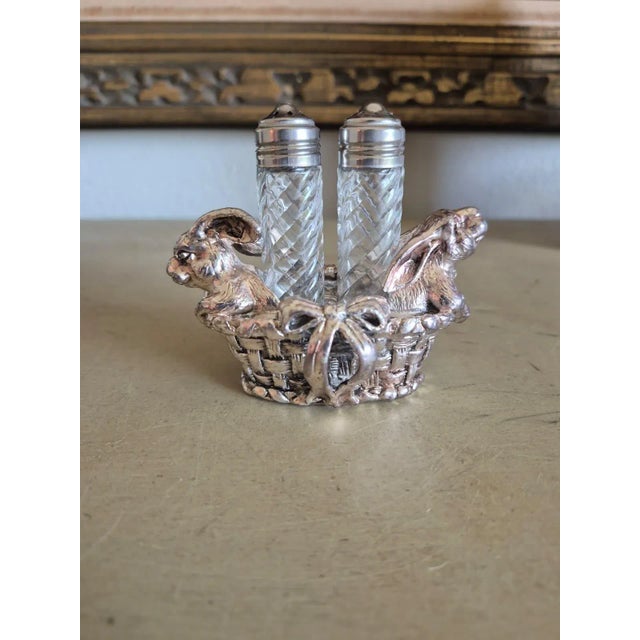 Vintage Arthur Court salt and pepper shaker set, Circa 1999. Holder features the most adorable bunnies in a basket....