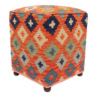 Boho Chic Handmade Kilim Upholstered Ottoman For Sale