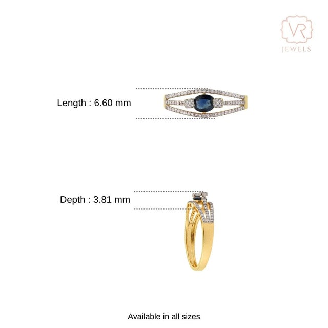 14k Yellow Gold Blue Sapphire & Diamond Split Shank Modern Ring Size 9 For Sale - Image 11 of 16