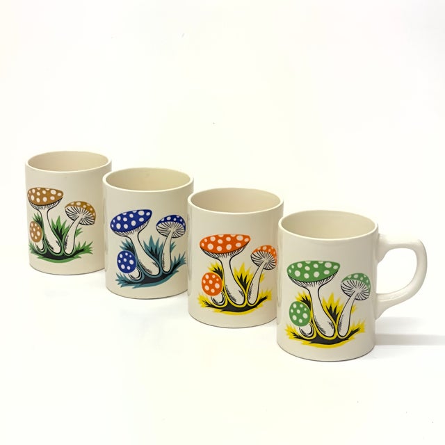 Mid-Century Modern Vintage Colorful Bone China Mugs With Illustrative Mushroom Motif, Made in Japan - Set of 4 For Sale - Image 3 of 9