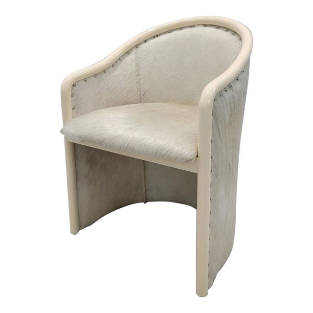Vintage Italian Cream Lacquer Barrel Back Occasional Chair Tonon Style Newly Reupholstered in Cowhide For Sale