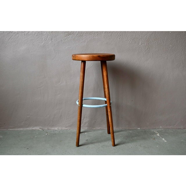 Vintage Bar Stool in Wood and Blue Lacquered Metal, 1960s For Sale - Image 3 of 12