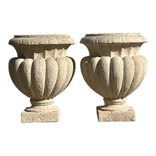 Vintage Regency Cast Concrete Fluted Urn Planters - a Pair For Sale