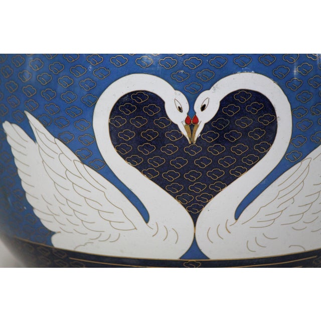 Chinese Large Chinese Double Swan Cloisonne Companion Urn For Sale - Image 3 of 10