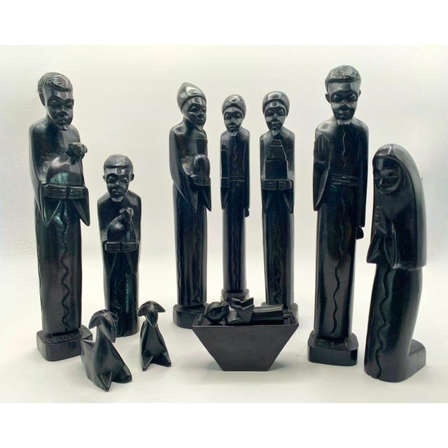 African Hand-Carved Dark Wood African Christmas Nativity Set From Angola - 11 Pieces For Sale - Image 3 of 10