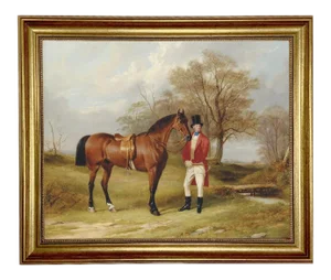 "Gentleman Standing Beside Saddled Hunter" Contemporary Reproduction Print on Canvas, Framed