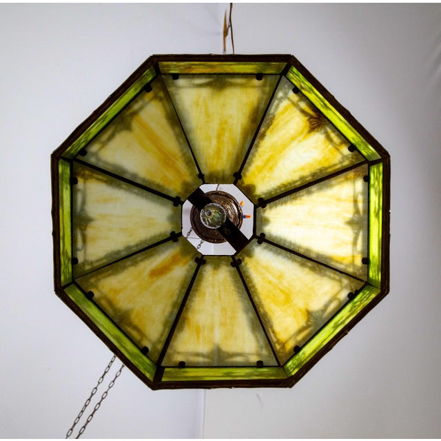 Early 20th Century Pale Green-Amber Slag Glass Pendant Light With Scenic Trim For Sale - Image 12 of 12