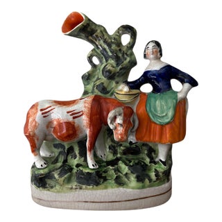 Antique English Staffordshire Figural Spill Vase With Milk Maid & Cow For Sale