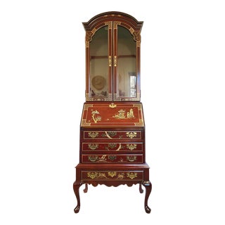 Mid 20th Century Jasper Cabinets Co. Chinoiserie Hand-Painted Secretary Desk with Display Case in Solid Mahogany For Sale