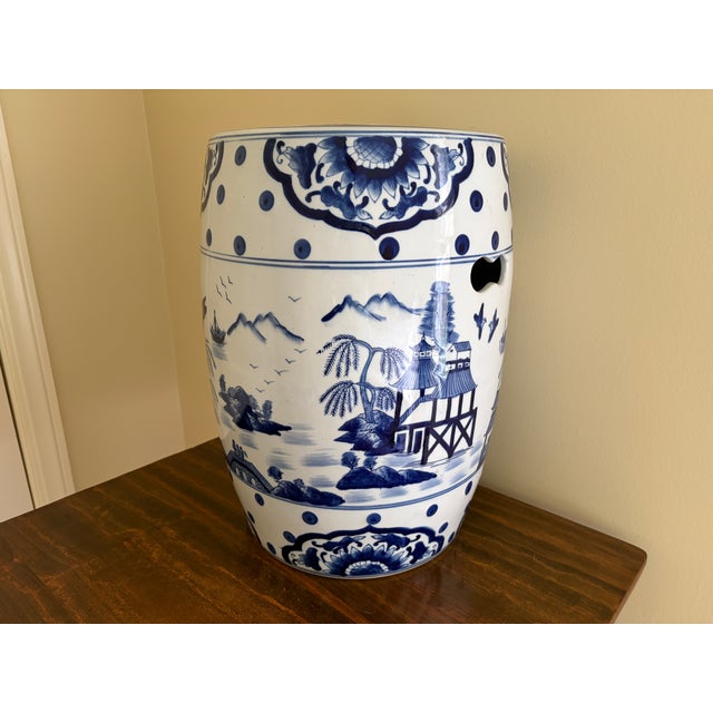 Late 20th Century Late 20th Century Blue and White Porcelain Chinoiserie Chinese Garden Stool or Side Table For Sale - Image 5 of 12