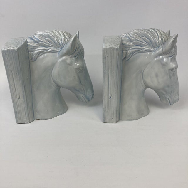 VTG Set 2 Mid Century Ceramic Horse Head Bookends Pale Blue White Glazed 8.5" For Sale - Image 9 of 11