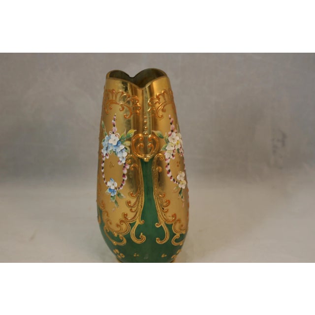 Antique Handcrafted Bohemian Art Glass Green Glass & Gold Gilt Vase With Enamel Flowers For Sale - Image 9 of 11