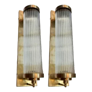 Pair Vintage 1940s Art Deco Brass & Glass Rod Fixture Ship Light Wall Sconces