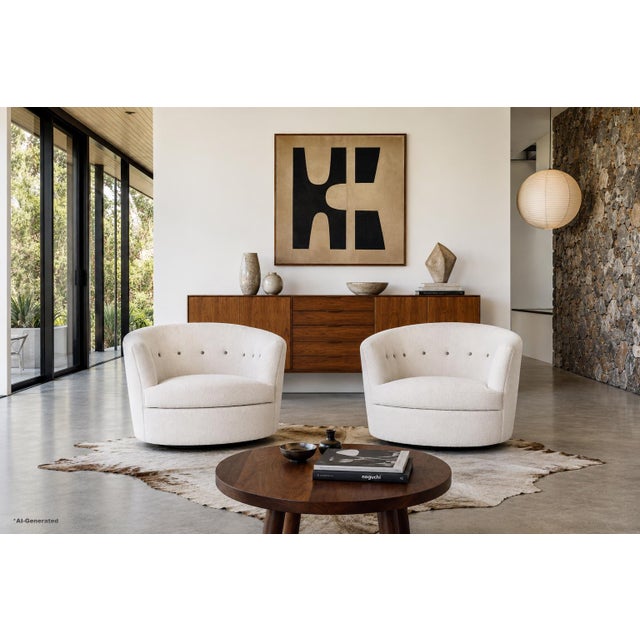 Mid-century modern swivel lounge chairs inspired by the iconic designs of Milo Baughman and manufactured in the United...
