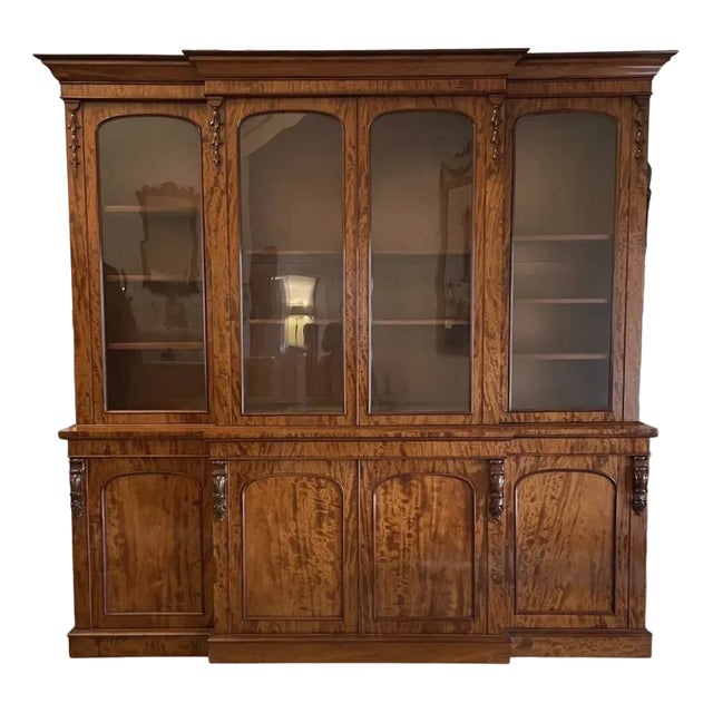Large Victorian Figured Mahogany Breakfront Bookcase, 1860s For Sale