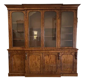 Large Victorian Figured Mahogany Breakfront Bookcase, 1860s