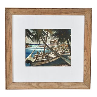 Vintage Tropical Watercolor With Boat For Sale