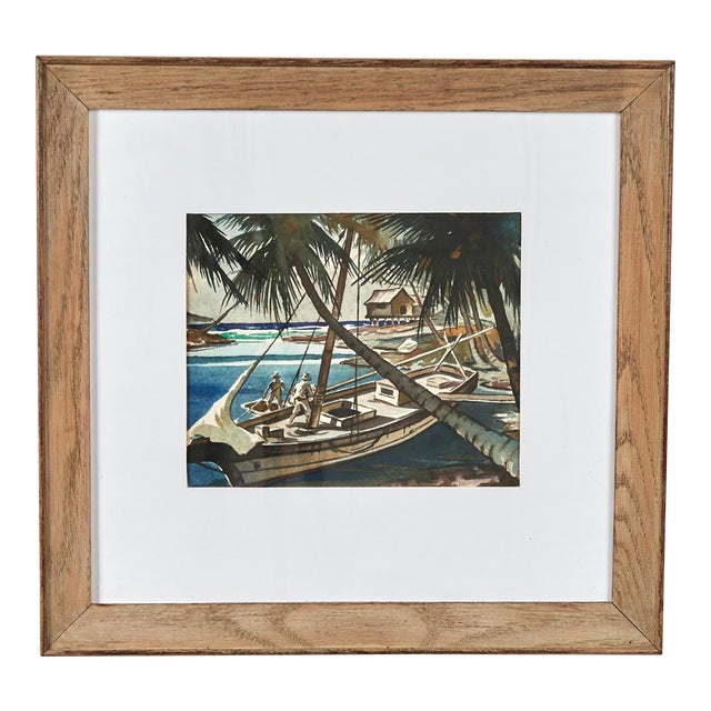 Vintage Tropical Watercolor With Boat For Sale
