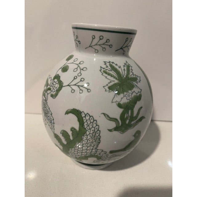 Metal Traditional Round Green & White Cloisonne Symbolic Bird & Vine Vase For Sale - Image 7 of 12