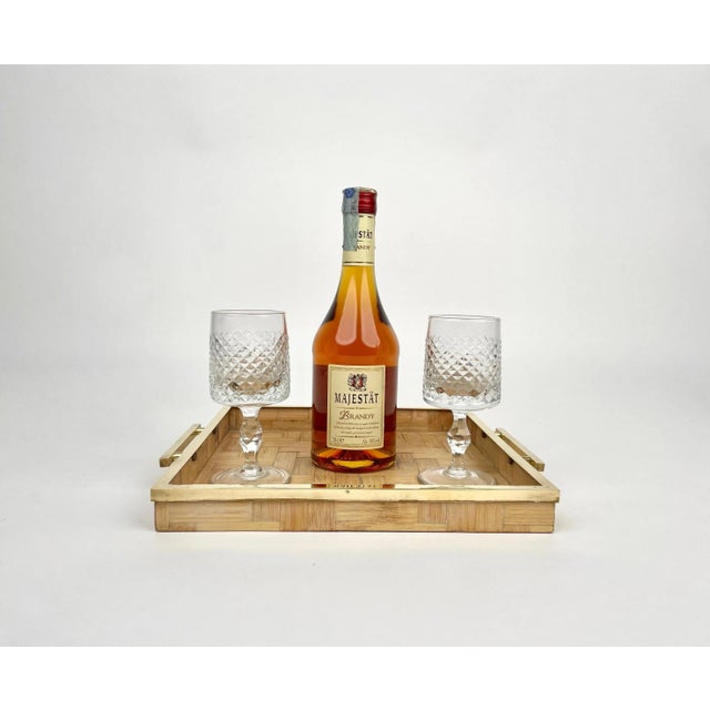 Wood Rattan & Brass Serving Tray by Tommaso Barbi, Italy, 1970s For Sale - Image 7 of 10
