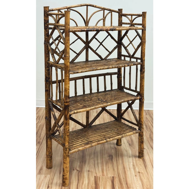 Chinoiserie Vintage Four Tier Scorched Bamboo Etagere Shelf For Sale - Image 3 of 8