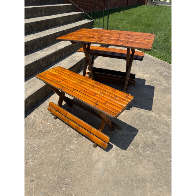 1970s Vintage Boho Folding Bamboo Picnic Table & Benches For Sale - Image 5 of 8