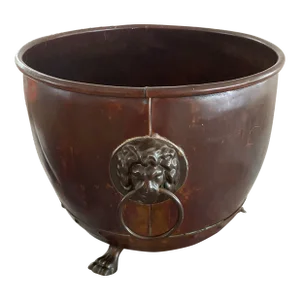 Antique Late 1800s Handmade Copper Champagne Bucket With Decorative Lions Head Handles