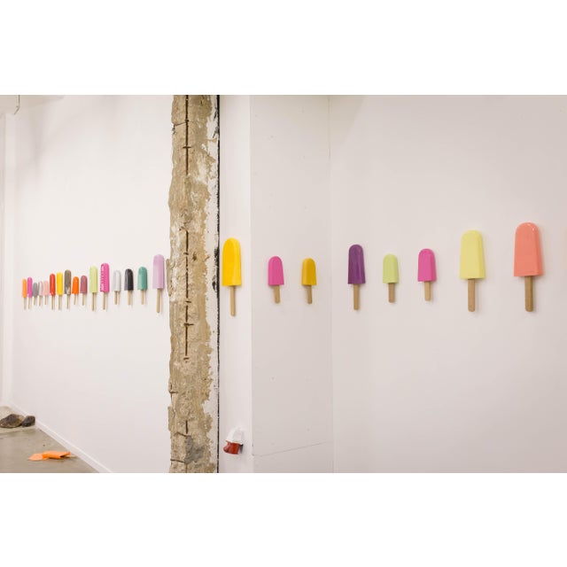 Yellow Ice Pop Ceramic Wall Sculpture With Natural Oak Wood Stick For Sale - Image 9 of 11