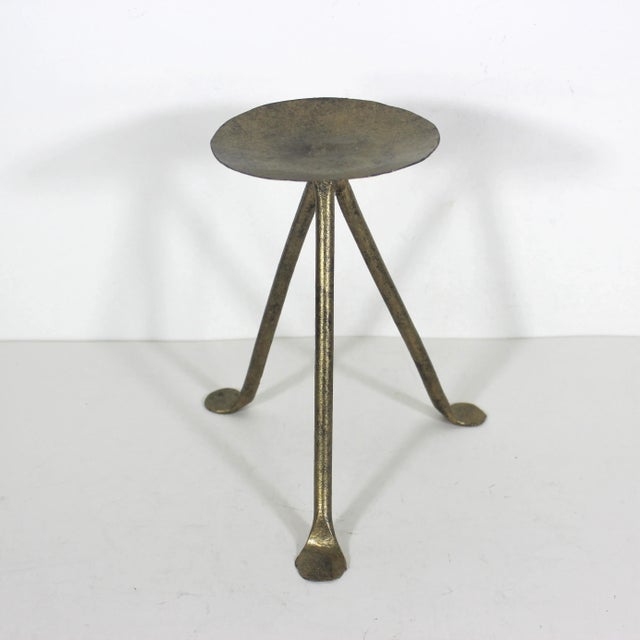 Mid-Century Modern Tall Gilded Gold Metal Large Pillar Candle Holder, Mid Century Modern Wide Tripod Candle, Staging, Decor, Dining Table For Sale - Image 3 of 8