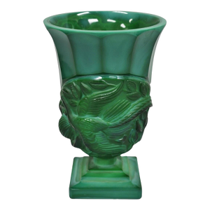Antique Art Deco Malachite Jade Green Czech Glass Pedestal Vase With Bird