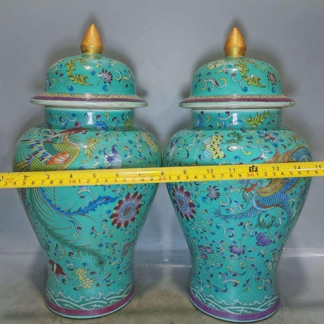 Chinese Pair of Chinese Enameled Porcelain Dragon & Phoenix General Jars With Lids - 15" Tall For Sale - Image 3 of 9