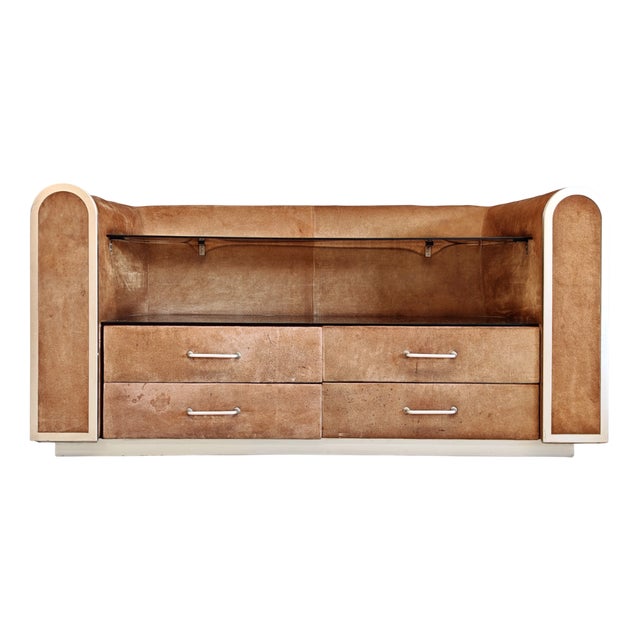 Vintage Space Age Chest of Drawers in Suede with Glass Shelf, 1970s For Sale