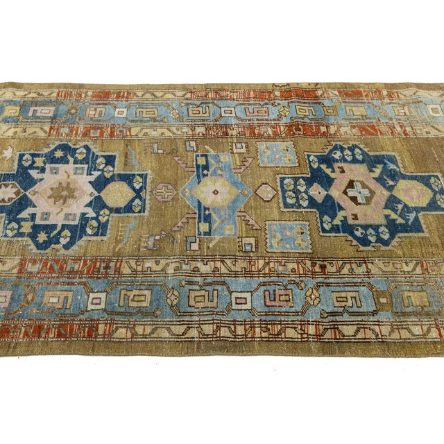 1920s Antique Heriz Runner Rug With Muted Camel Field and Geometric Medallions For Sale - Image 5 of 9