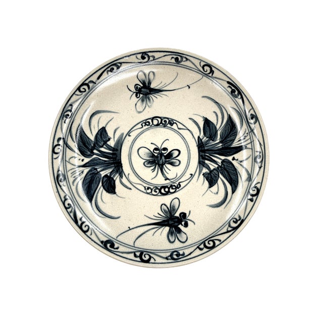 Bat Trang Vietnamese Ceramic Dessert Plates With Blue Dragonfly Botanical Motif in Crackle Glaze - Set of 6 For Sale - Image 4 of 5