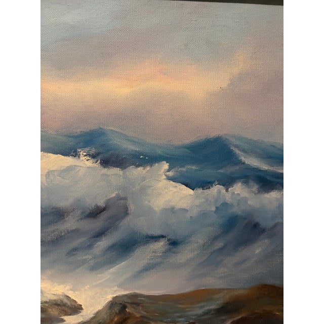 Atmospheric signed original oil painting on canvas depicting a dramatic coastal seascape. Painted in a rich, moody palette...