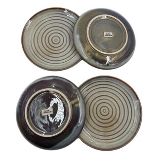 Vietnamese Dual-Glaze Stoneware Ceramic Dinner Plates With Spiral Motif - Set of 4 For Sale