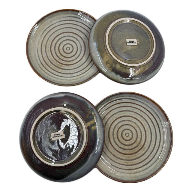 Vietnamese Dual-Glaze Stoneware Ceramic Dinner Plates With Spiral Motif - Set of 4 For Sale